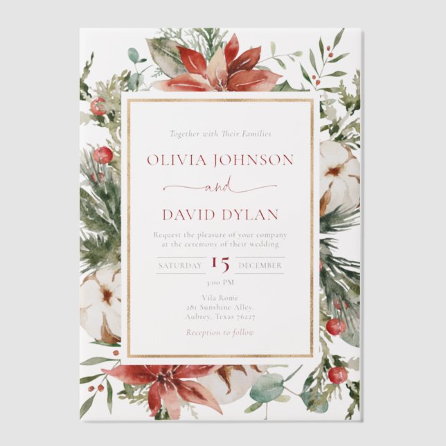 Modern Christmas Winter Red Gold Greenery Wedding Vellum Invitations (Front)