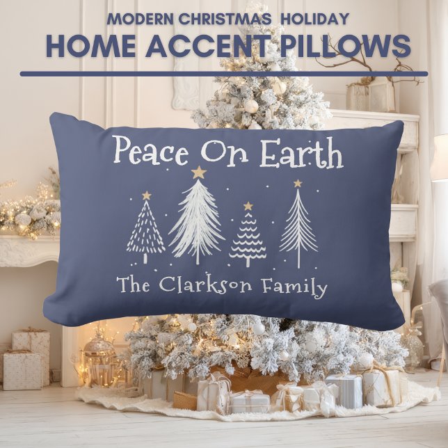 Modern Christmas with Family Name Accent Blue Lumbar Pillow (Modern Christmas with Family Name Accent Blue Lumbar Pillow)