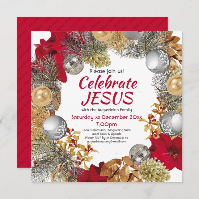 Modern Christmas Wreath CELEBRATE JESUS Square Invitation (Front/Back)