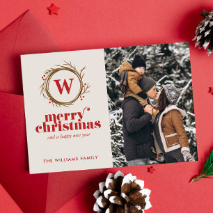 Modern Christmas Wreath Custom Photo Holiday Card
