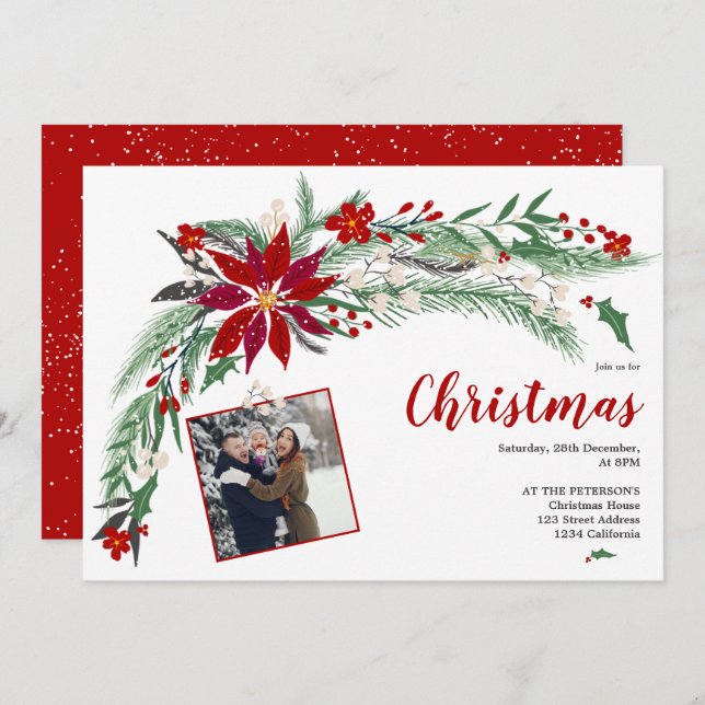 Modern Christmas wreath illustration snow photo Invitation (Front/Back)