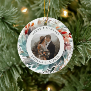 Modern Christmas Wreath Married and Merry Photo Ceramic Ornament