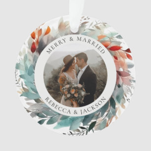 Modern Christmas Wreath Married and Merry Photo Ornament