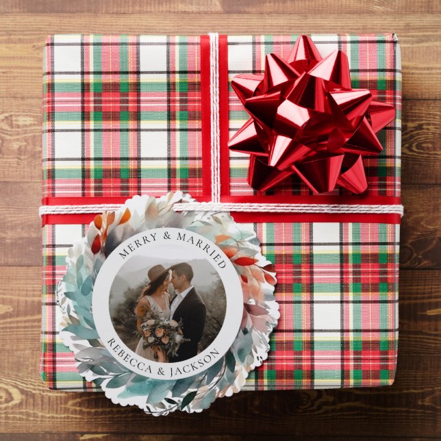 Modern Christmas Wreath | Married and Merry Photo  Ornament Card (Insitu (Gift))