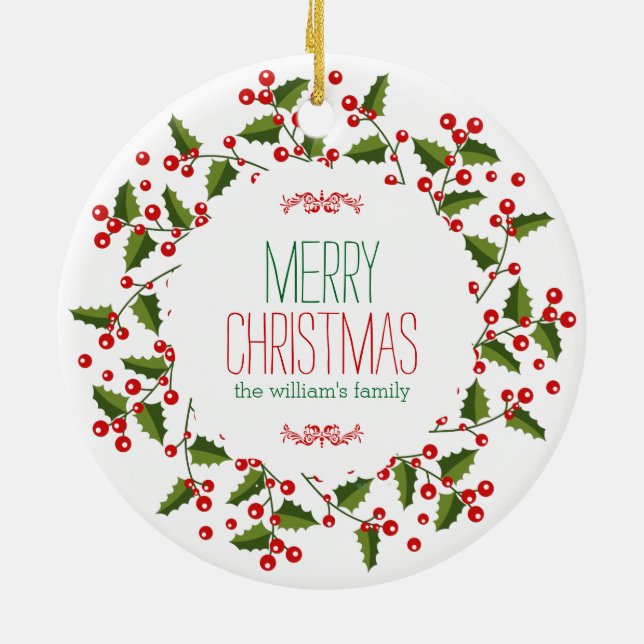 Modern Christmas Wreath Merry Christmas Ceramic Ornament (Back)