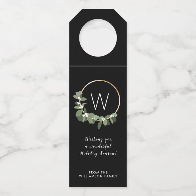 Modern Christmas Wreath | Monogram | family name Bottle Tag (Front)