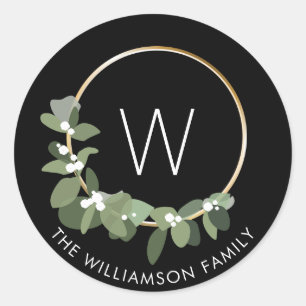 Modern Christmas Wreath   Monogram   family name Classic Round Sticker