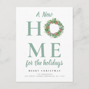 modern christmas wreath moving announcement postcard