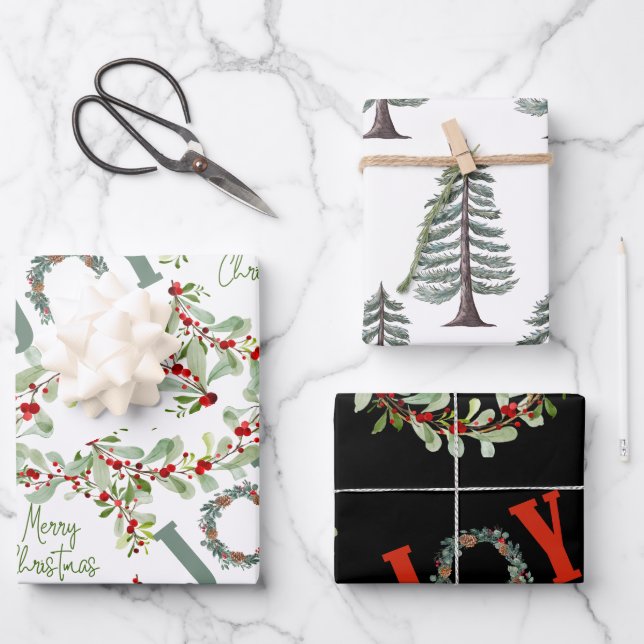Modern christmas wreaths and joy  wrapping paper sheet (Front)