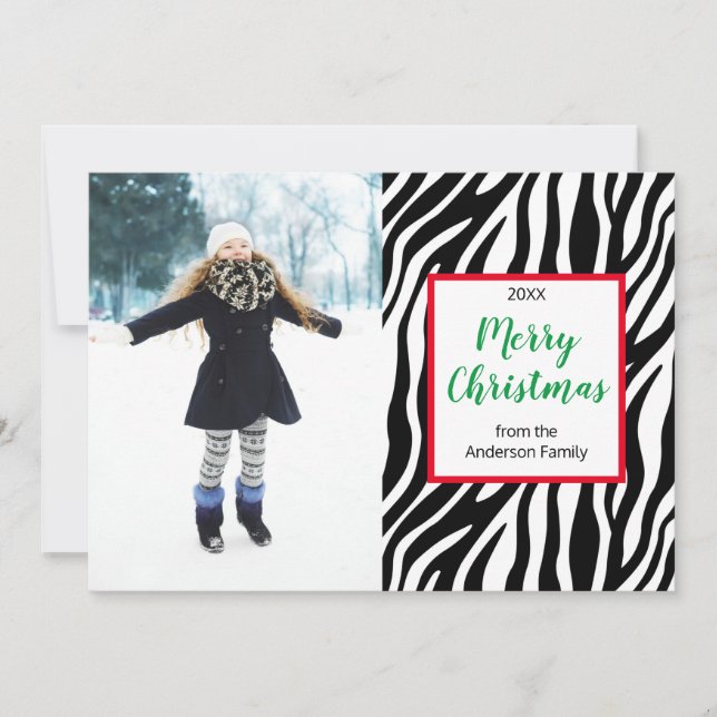 Modern Christmas Zebra Stripe Custom Photo Holiday Card (Front)