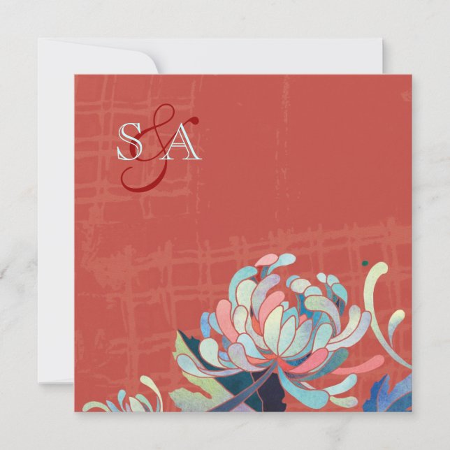Modern Chrysanthemum Red Wedding Invitation (Front)