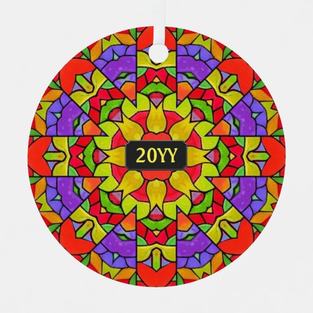 Modern Church Stained Glass Painting with Year Metal Ornament (Front)