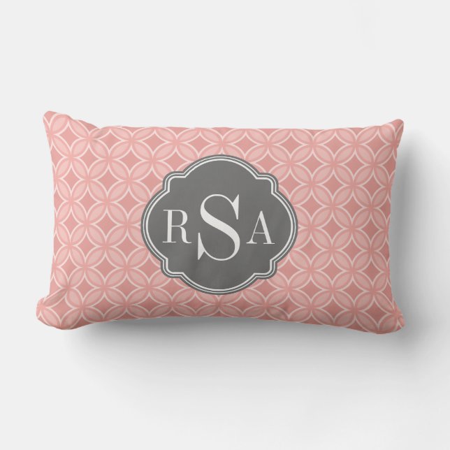 Modern Circle Blush Pink Grey Monogram Lumbar Pillow (Front)