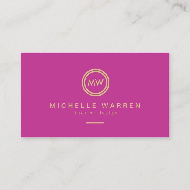 Modern Circle Monogram Initials on Fuchsia Pink Business Card (Front)