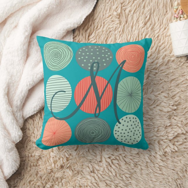Modern Circle Pattern Mint Green Orange Monogram Throw Pillow (Blanket)