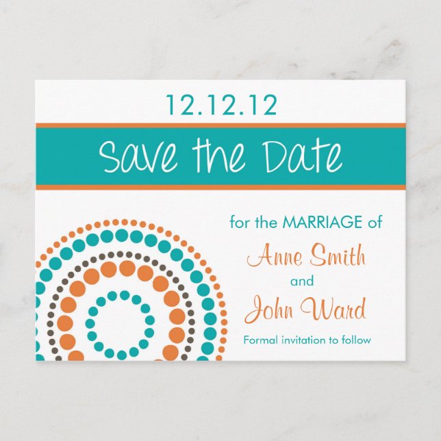 Modern Circles Save the Date - Orange & Turquoise Announcement Postcard (Front)