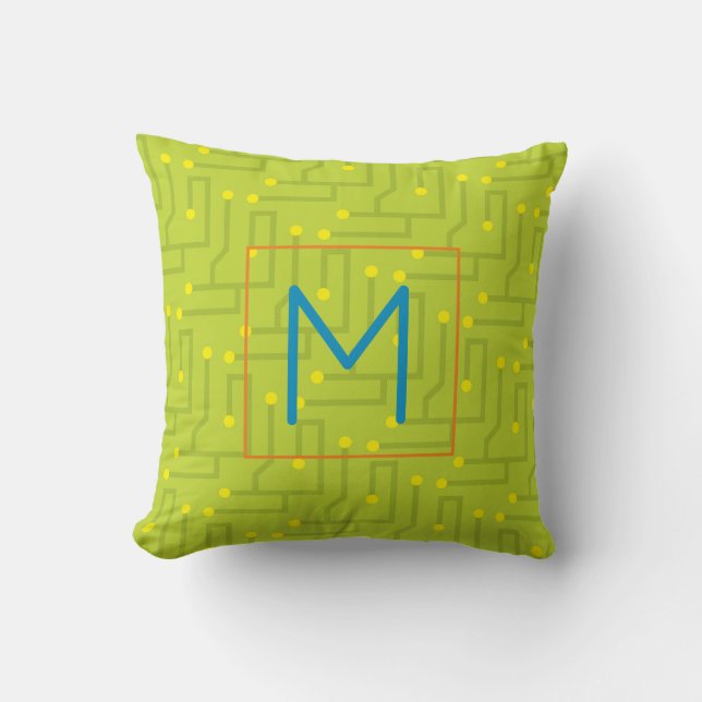 Modern Circuit Board INITIAL Kids Computer Tech Throw Pillow (Front)