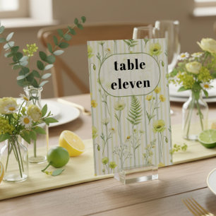 Modern Citrus Green Wildflower Stripe Wedding Table Number