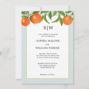 Modern Citrus wedding with Initials Invitation