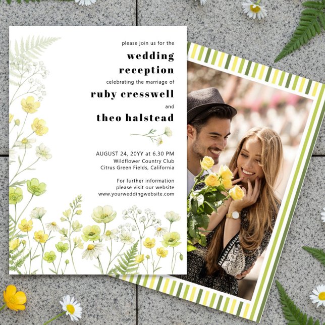 Modern Citrus Wildflower Stripe Photo Reception Invitation (Wedding Reception Only Invitation - from Citrus Green Wildflower wedding collection by Darling & May)