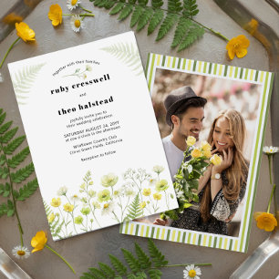 Modern Citrus Wildflower Stripe Photo Wedding Invitation