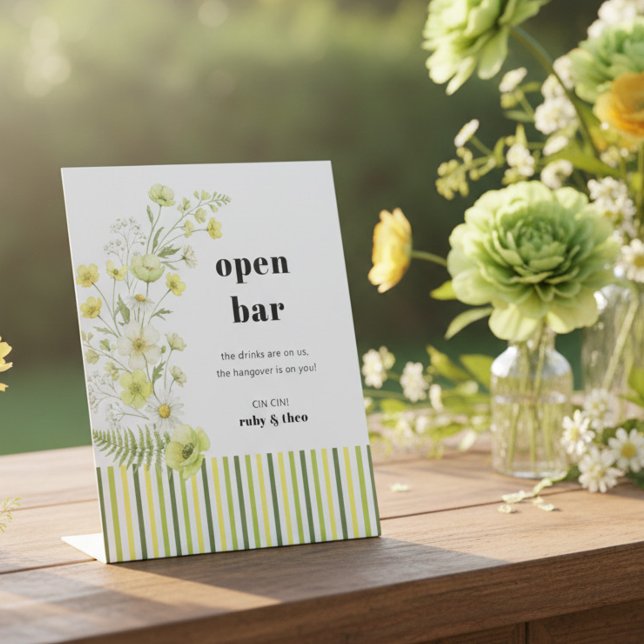 Modern Citrus Wildflower Stripe Wedding Open Bar Pedestal Sign (Open Bar sign from the Citrus Green Wildflower wedding collection by Darling & May)