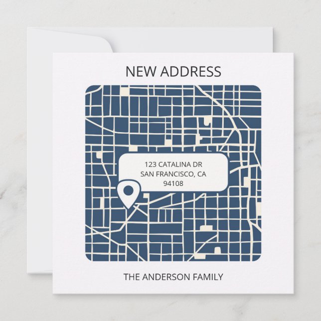 Modern city map pinpoint new address moving announcement (Front)