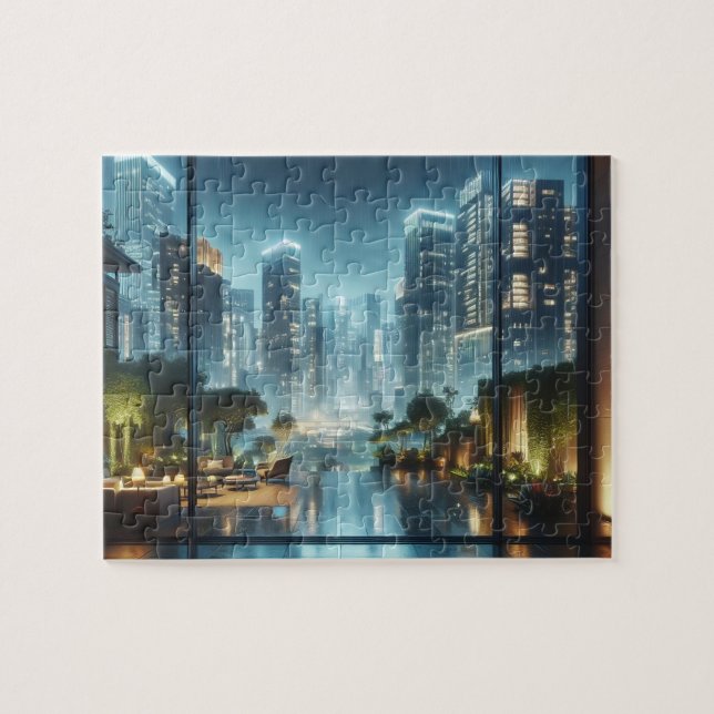 Modern City View at Raining Night Jigsaw Puzzle (Horizontal)