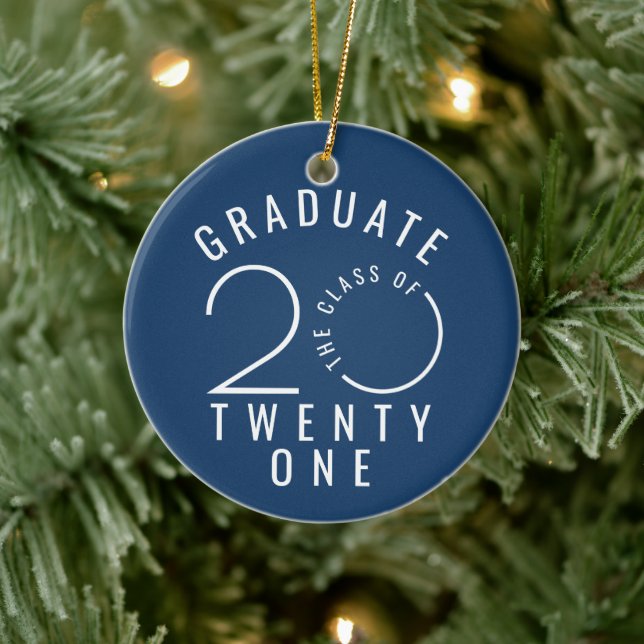 Modern CLASS OF 2021 Typography Circle Blue Ceramic Ornament (Tree)