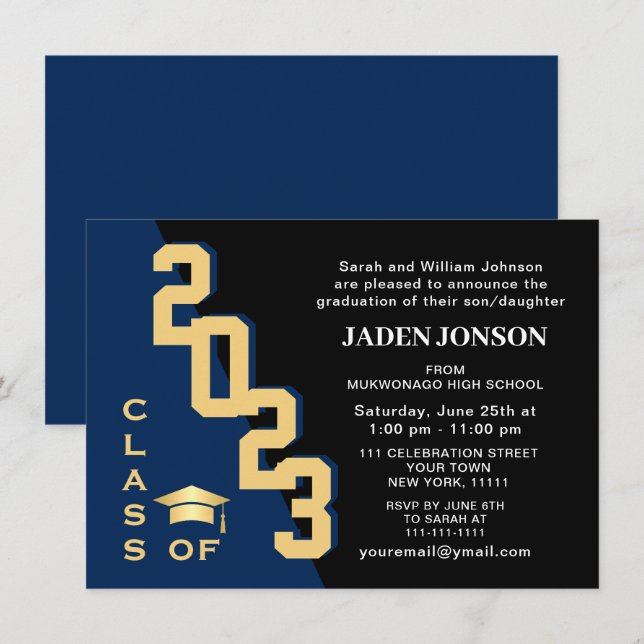 Modern Class of 2023 Golden Navy Graduation Party Invitation (Front/Back)