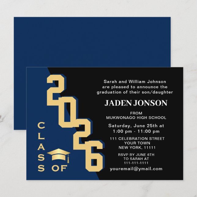 Modern Class of 2023 Golden Navy Graduation Party Invitation (Front/Back)