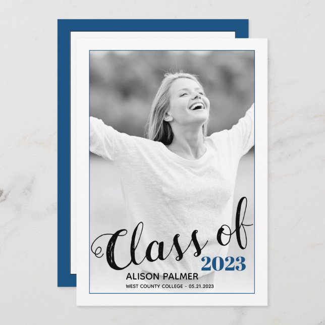 Modern Class of 2023 script classic blue photo Invitation (Front/Back)