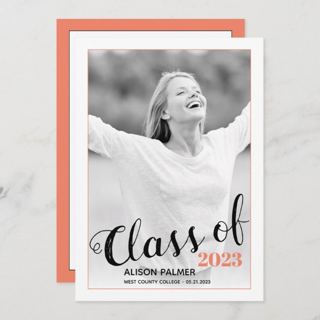 Modern Class of 2023 script coral border photo Invitation (Front/Back)