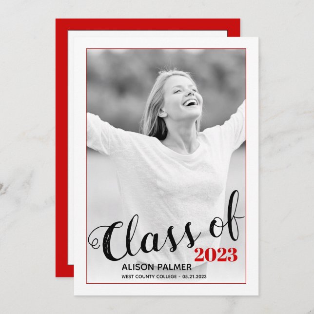 Modern Class of 2023 script red border photo Invitation (Front/Back)