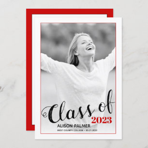 Modern Class of 2023 script red border photo Invitation