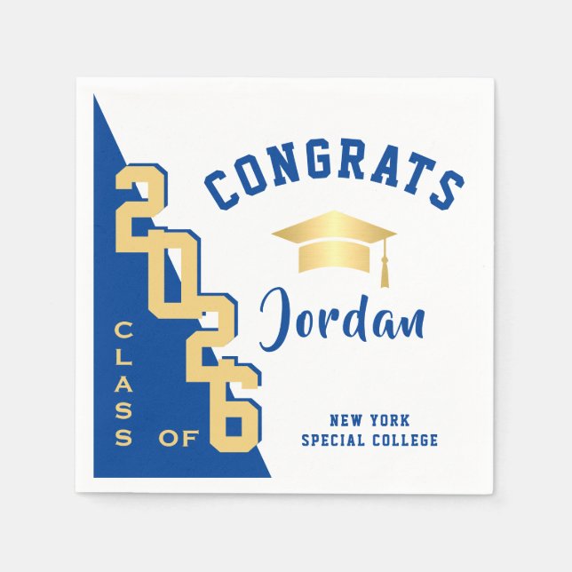 Modern Class of 2024 Golden Blue Graduation Party Napkin (Front)