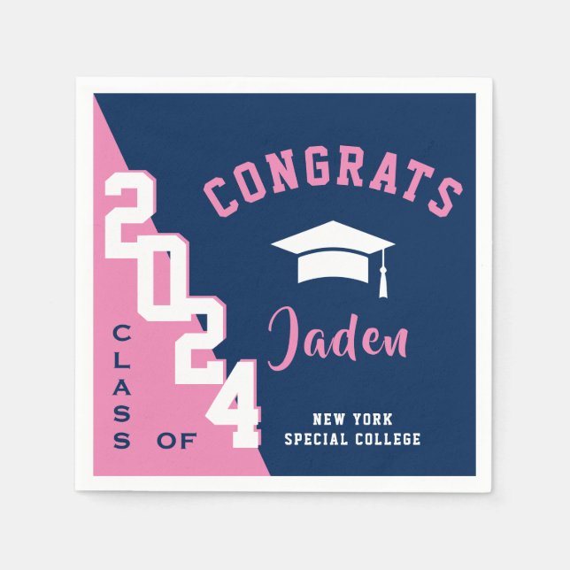 Modern Class of 2024 Navy Pink Graduation Party Napkin (Front)