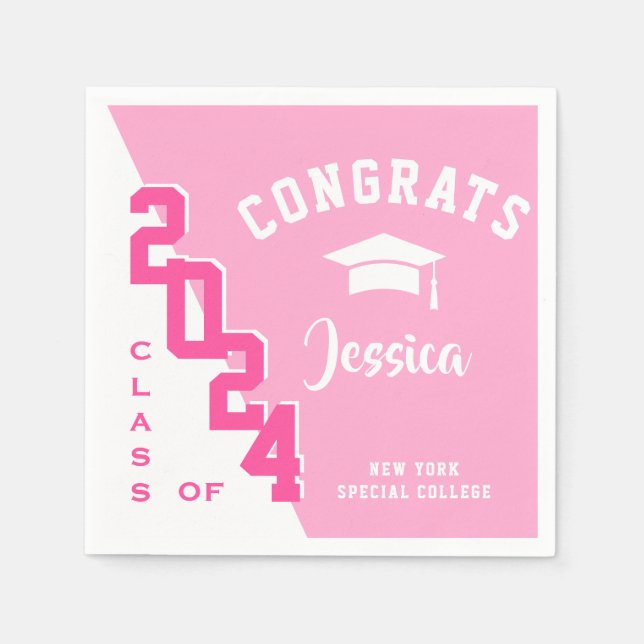 Modern Class of 2024 Pink White Graduation Party Napkin (Front)