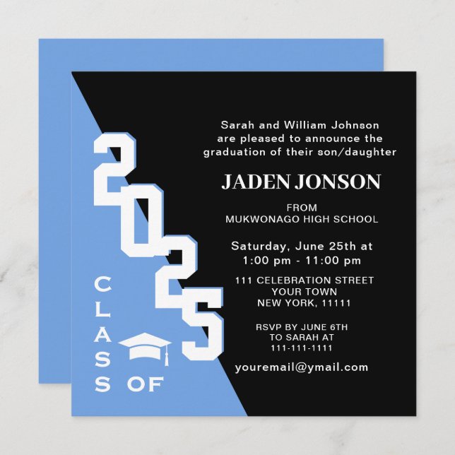 Modern Class of 2025 Blue Black Graduation Party Invitation (Front/Back)