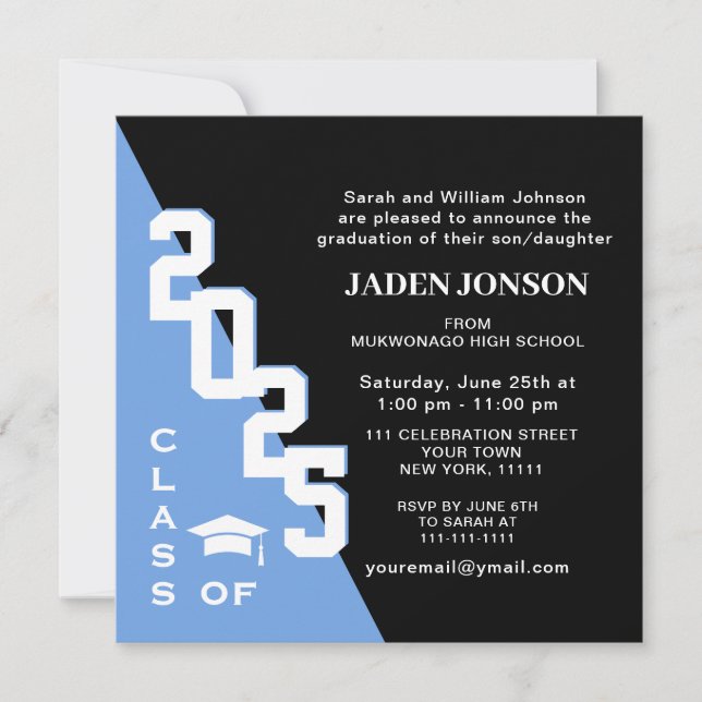 Modern Class of 2025 Blue Black Graduation Party Invitation (Front)