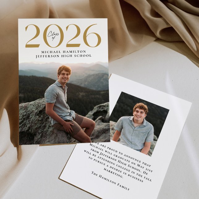 Modern Class of 2025 Gold 2 Photo Graduation Announcement (Creator Uploaded)