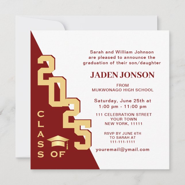 Modern Class of 2025 Golden Red Graduation Party Invitation (Front)