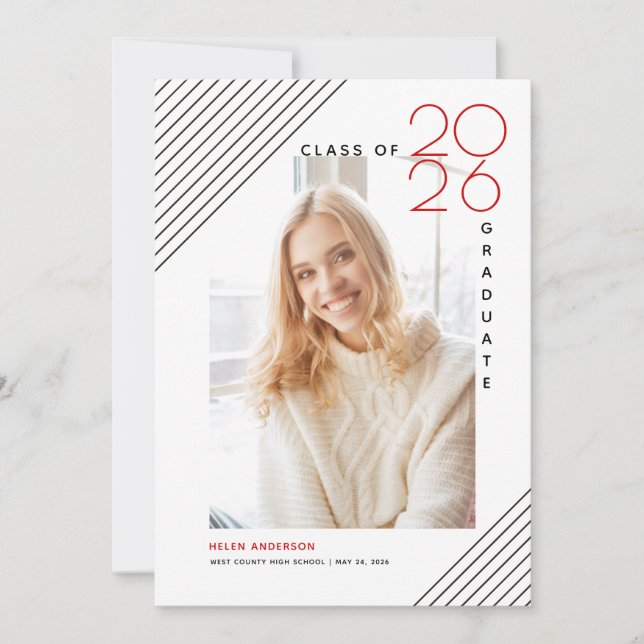 Modern class of 2025 graduate black, red photo announcement (Front)