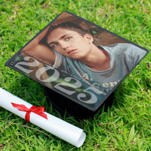 Modern Class of 2025 Graduate Photo White Graduation Cap Topper