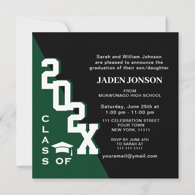 Modern Class of 2025 Green Black Graduation Party Invitation (Front)