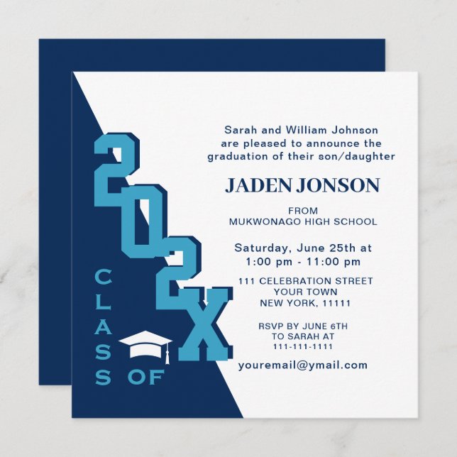 Modern Class of 2025 Navy Blue Graduation Party Invitation (Front/Back)