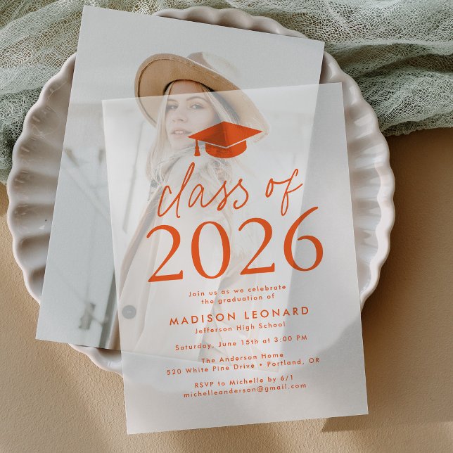 Modern Class of 2025 Orange Graduation Party Vellum Invitations (Creator Uploaded)