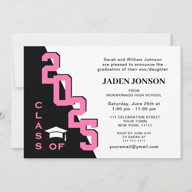 Modern Class of 2025 Pink Black Graduation Party Invitation (Front)
