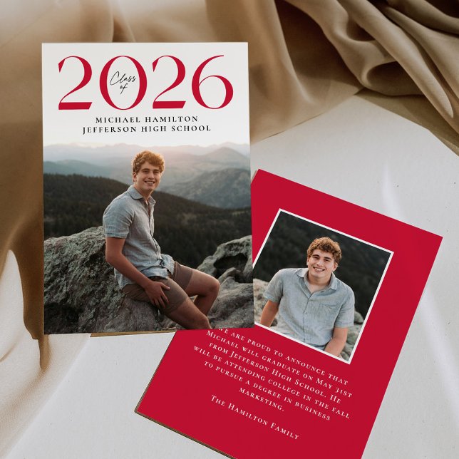 Modern Class of 2025 Red 2 Photo Graduation Announcement (Creator Uploaded)
