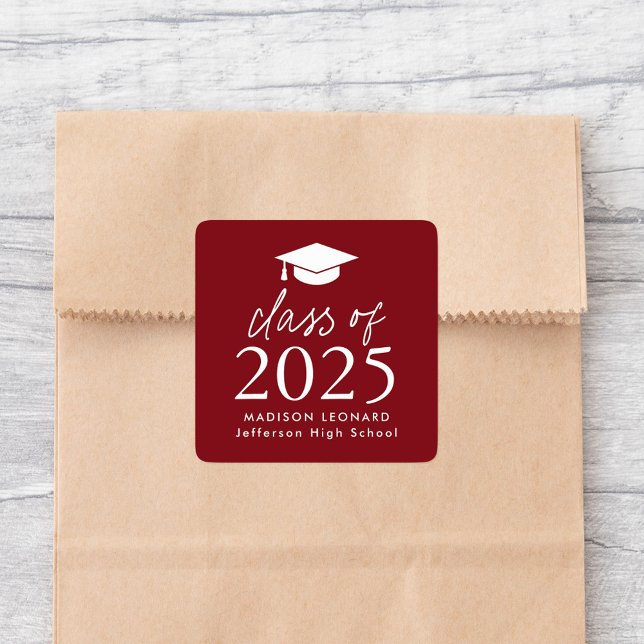 Modern Class of 2025 Script Burgundy Graduation Square Sticker (Creator Uploaded)